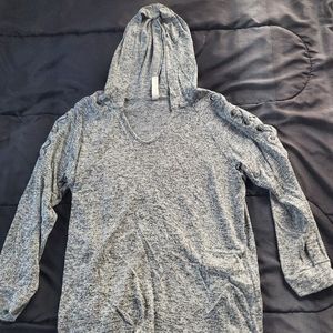 women small gray long sleeve with hood, lace up accent to sleeves